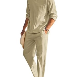 COOFANDY Men\'s 2 Pieces Cotton Linen Set Henley Shirt Long Sleeve and Casual Beach Pants Summer Yoga Outfits