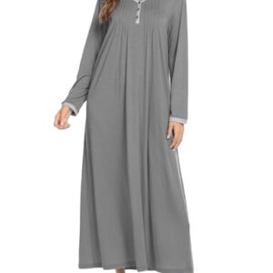 Ekouaer Women's Long Sleeve Nightgown Full Length Sleepwear Long Sleepshirts Henley Sleep Dress S-4XL