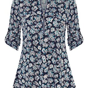 Ninedaily Women's 3/4 Sleeve Plaid Shirts Zip Floral Casual Tunic Blouse Tops